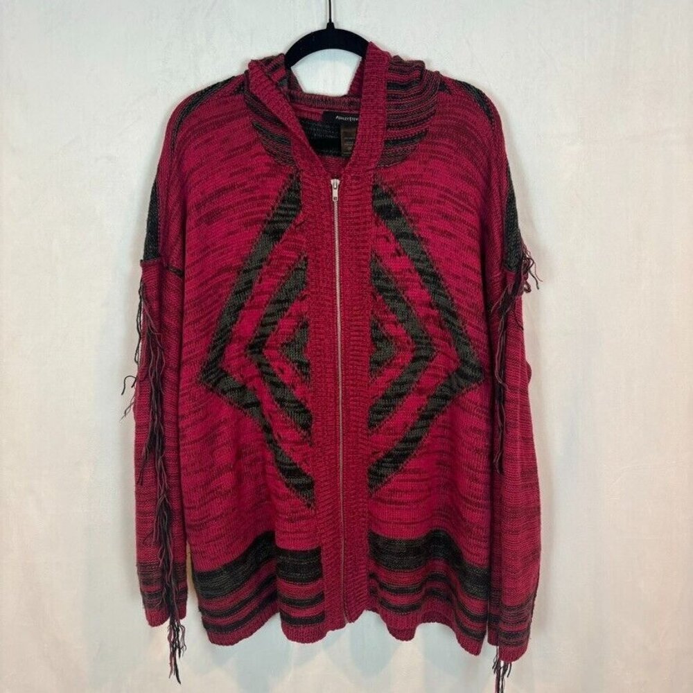 Ashley Stewart Women's Southwestern Fringe Full Zip Hooded Pink Sweater Size 26